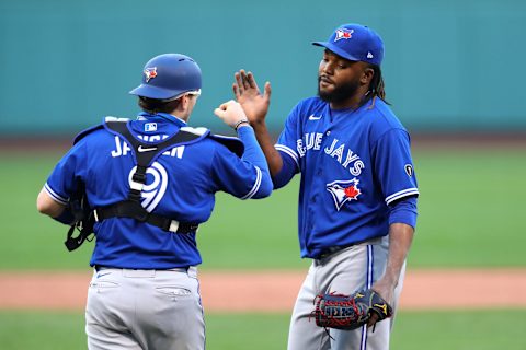 BOSTON, MASSACHUSETTS – SEPTEMBER 06: Rafael Dolis #41 and Danny Jansen #9 of the Toronto Blue Jays celebrate after the Blue Jays defeat the Boston Red Sox 10-8 at Fenway Park on September 06, 2020 in Boston, Massachusetts. (Photo by Maddie Meyer/Getty Images)