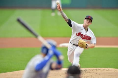 CLEVELAND, OHIO – SEPTEMBER 07: Starting pitcher Zach Plesac #34 of the Cleveland Indians pitches to Whit Merrifield #15 of the Kansas City Royals during the first inning at Progressive Field on September 07, 2020 in Cleveland, Ohio. (Photo by Jason Miller/Getty Images)