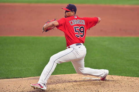 CLEVELAND, OHIO – SEPTEMBER 04: Starting pitcher Carlos Carrasco #59 of the Cleveland Indians pitches during the second inning against the Milwaukee Brewers at Progressive Field on September 04, 2020 in Cleveland, Ohio. (Photo by Jason Miller/Getty Images)