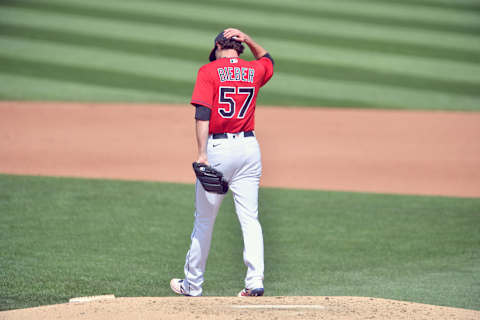 CLEVELAND, OHIO – SEPTEMBER 06: Starting pitcher Shane Bieber #57 of the Cleveland Indians walks off the mound during the fourth inning against the Milwaukee Brewers at Progressive Field on September 06, 2020 in Cleveland, Ohio. (Photo by Jason Miller/Getty Images)