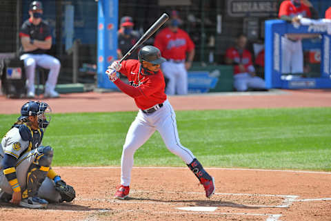 CLEVELAND, OHIO – SEPTEMBER 06: Francisco Lindor #12 of the Cleveland Indians at bat during the third inning against the Milwaukee Brewers at Progressive Field on September 06, 2020 in Cleveland, Ohio. (Photo by Jason Miller/Getty Images)