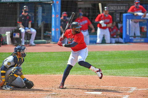 CLEVELAND, OHIO – SEPTEMBER 06: Carlos Santana #41 of the Cleveland Indians at bat during the third inning against the Milwaukee Brewers at Progressive Field on September 06, 2020 in Cleveland, Ohio. (Photo by Jason Miller/Getty Images)