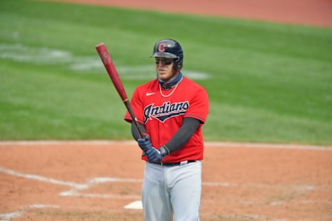 CLEVELAND, OHIO – SEPTEMBER 06: Roberto Perez #55 of the Cleveland Indians at bat during the eighth inning against the Milwaukee Brewers at Progressive Field on September 06, 2020 in Cleveland, Ohio. (Photo by Jason Miller/Getty Images)