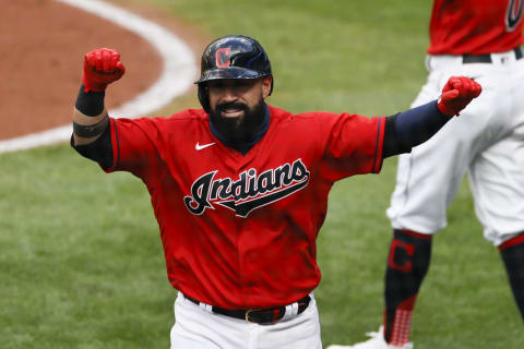 CLEVELAND, OH – SEPTEMBER 08: Sandy Leon #9 of the Cleveland Indians celebrates after hitting a solo home run off starting pitcher Jakob Junis #65 of the Kansas City Royals during the second inning at Progressive Field on September 08, 2020 in Cleveland, Ohio. (Photo by Ron Schwane/Getty Images)