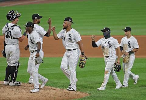 CHICAGO, ILLINOIS – SEPTEMBER 11: Members of the Chicago White Sox celebrate a win over the Detroit Tigers at Guaranteed Rate Field on September 11, 2020 in Chicago, Illinois. The White Sox defeated the Tigers 4-3. (Photo by Jonathan Daniel/Getty Images)