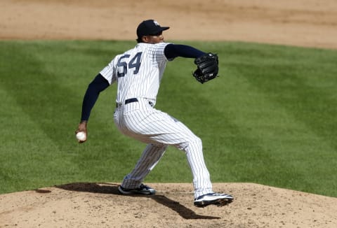 NEW YORK, NEW YORK – SEPTEMBER 13: Aroldis Chapman #54 of the New York Yankees in action against the Baltimore Orioles at Yankee Stadium on September 13, 2020 in New York City. The Yankees defeated the Orioles 3-1. (Photo by Jim McIsaac/Getty Images)