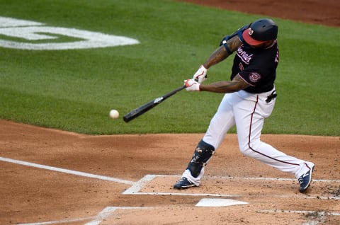 WASHINGTON, DC – SEPTEMBER 11: Eric Thames #9 of the Washington Nationals bats against the Atlanta Braves at Nationals Park on September 11, 2020 in Washington, DC. (Photo by G Fiume/Getty Images)