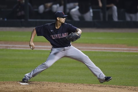 CHICAGO, ILLINOIS – SEPTEMBER 15: Starting pitcher Carlos Carrasco #59 of the Cleveland Indians delivers the ball against the Chicago Cubs at Wrigley Field on September 15, 2020 in Chicago, Illinois. (Photo by Quinn Harris/Getty Images)