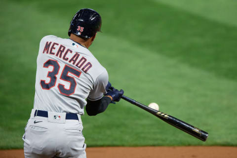 MINNEAPOLIS, MINNESOTA – SEPTEMBER 12: Oscar Mercado #35 of the Cleveland Indians takes an at bat against the Minnesota Twins during the game at Target Field on September 12, 2020 in Minneapolis, Minnesota. The Twins defeated the Indians 8-4. (Photo by Hannah Foslien/Getty Images)