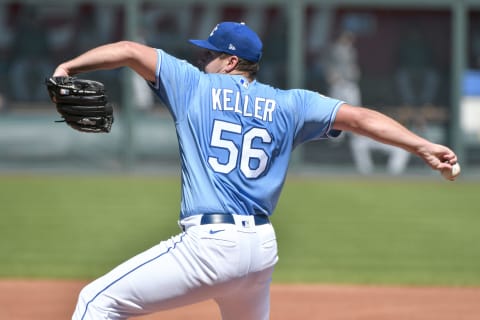 KANSAS CITY, MO – SEPTEMBER 13: Starting pitcher Brad Keller #56 of the Kansas City Royals throws in the first inning against the Pittsburgh Pirates at Kauffman Stadium on September 13, 2020 in Kansas City, Missouri. (Photo by Ed Zurga/Getty Images)