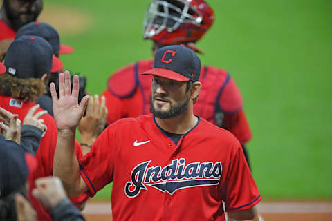 CLEVELAND, OHIO – SEPTEMBER 21: Brad Hand #33 of the Cleveland Indians celebrates after the Indians defeated the Chicago White Sox at Progressive Field on September 21, 2020 in Cleveland, Ohio. The Indians defeated the White Sox 6-4. (Photo by Jason Miller/Getty Images)