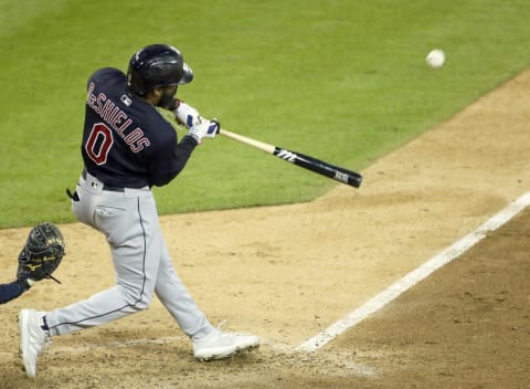 DETROIT, MI – SEPTEMBER 18: Delino DeShields #0 of the Cleveland Indians bats against the Detroit Tigers at Comerica Park on September 18, 2020, in Detroit, Michigan. (Photo by Duane Burleson/Getty Images)