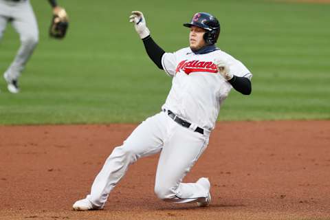 CLEVELAND, OH – SEPTEMBER 24: Roberto Perez #55 of the Cleveland Indians slides into second base with a double off Dallas Keuchel #60 of the Chicago White Sox during the third inning at Progressive Field on September 24, 2020 in Cleveland, Ohio. (Photo by Ron Schwane/Getty Images)