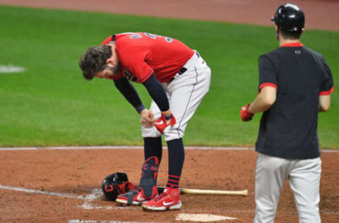 CLEVELAND, OHIO – SEPTEMBER 25: Tyler Naquin #30 of the Cleveland Indians reacts after striking out to end the sixth inning against the Pittsburgh Pirates at Progressive Field on September 25, 2020 in Cleveland, Ohio. (Photo by Jason Miller/Getty Images)