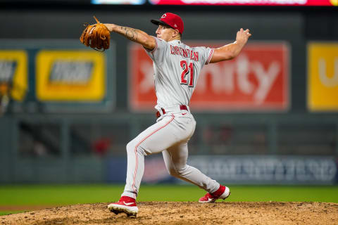 Michael Lorenzen #21 of the Cincinnati Reds (Photo by Brace Hemmelgarn/Minnesota Twins/Getty Images)