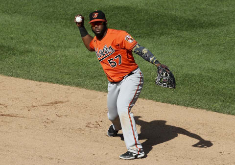 NEW YORK, NEW YORK – SEPTEMBER 12: (NEW YORK DAILIES OUT) Hanser Alberto #57 of the Baltimore Orioles in action against the New York Yankees at Yankee Stadium on September 12, 2020 in New York City. The Yankees defeated the Orioles 2-1 in ten innings. (Photo by Jim McIsaac/Getty Images)