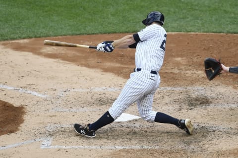 NEW YORK, NEW YORK – SEPTEMBER 27: DJ LeMahieu #26 of the New York Yankees hits a single during the fifth inning against the Miami Marlins at Yankee Stadium on September 27, 2020 in the Bronx borough of New York City. (Photo by Sarah Stier/Getty Images)