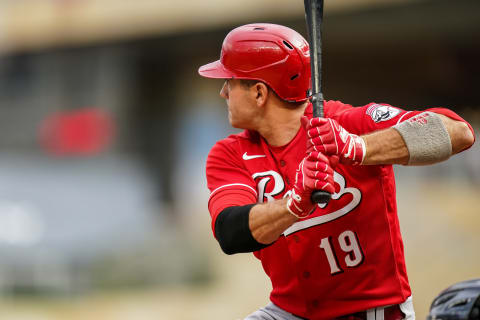 Joey Votto #19 of the Cincinnati Reds (Photo by Brace Hemmelgarn/Minnesota Twins/Getty Images)