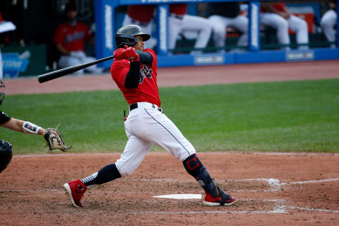 CLEVELAND, OH – SEPTEMBER 27: Francisco Lindor #12 of the Cleveland Indians bats during the game against the Pittsburgh Pirates at Progressive Field on September 27, 2020 in Cleveland, Ohio. (Photo by Kirk Irwin/Getty Images)