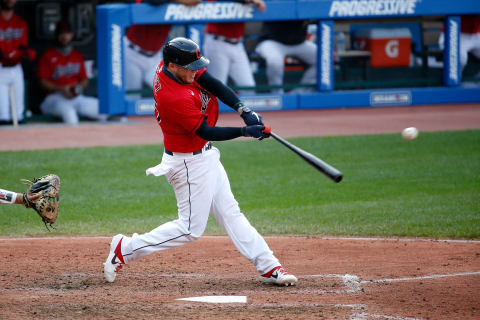 CLEVELAND, OH – SEPTEMBER 27: Roberto Perez #55 of the Cleveland Indians bats during the game against the Pittsburgh Pirates at Progressive Field on September 27, 2020 in Cleveland, Ohio. (Photo by Kirk Irwin/Getty Images)