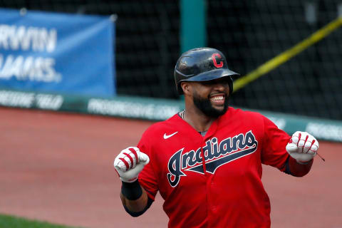 CLEVELAND, OH – SEPTEMBER 27: Carlos Santana #41 of the Cleveland Indians celebrates after scoring a run during the game against the Pittsburgh Pirates at Progressive Field on September 27, 2020 in Cleveland, Ohio. (Photo by Kirk Irwin/Getty Images)