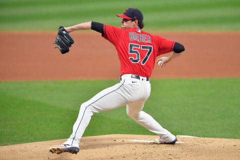 CLEVELAND, OHIO – SEPTEMBER 29: Starting pitcher Shane Bieber #57 of the Cleveland Indians pitches during Game One of the American League Wild Card Series against the New York Yankees at Progressive Field on September 29, 2020 in Cleveland, Ohio. (Photo by Jason Miller/Getty Images)