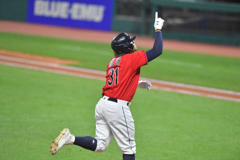 CLEVELAND, OHIO – SEPTEMBER 29: Josh Naylor #31 of the Cleveland Indians celebrates after hitting a solo homer during the fourth inning against the New York Yankees during Game One of the American League Wild Card Series at Progressive Field on September 29, 2020 in Cleveland, Ohio. (Photo by Jason Miller/Getty Images)