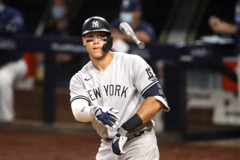 SAN DIEGO, CALIFORNIA – OCTOBER 09: Aaron Judge #99 of the New York Yankees reacts after drawing a walk against the Tampa Bay Rays during the eighth inning in Game Five of the American League Division Series at PETCO Park on October 09, 2020 in San Diego, California. (Photo by Christian Petersen/Getty Images)