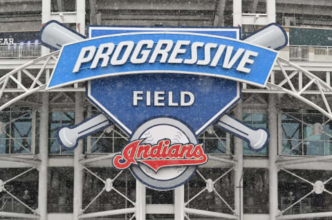 The Cleveland Indians logo is seen at the team’s Progressive Field stadium (Photo by Jason Miller/Getty Images)