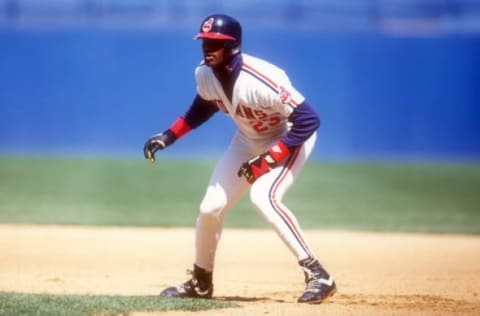 CLEVELAND, OH – APRIL 02: Mark Whiten #23 of the Cleveland Indians leads off first base during a baseball game against the Boston Red Sox on April 2,1992 at Cleveland Stadium in Cleveland, Ohio. (Photo by Mitchell Layton/Getty Images)