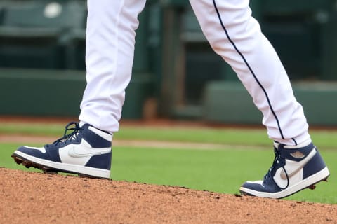 A general view of the Nike Jordan shoes worn by Logan Allen #54 of the Cleveland Indians (Photo by Abbie Parr/Getty Images)