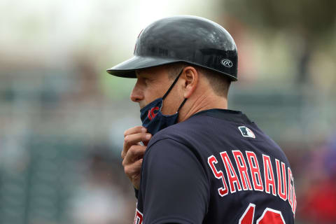 Third Base Coach Mike Sarbaugh #16 of the Cleveland Indians (Photo by Abbie Parr/Getty Images)