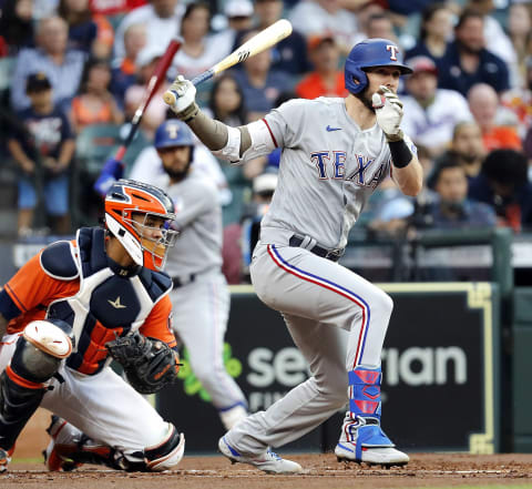 David Dahl #21 of the Texas Rangers (Photo by Bob Levey/Getty Images)