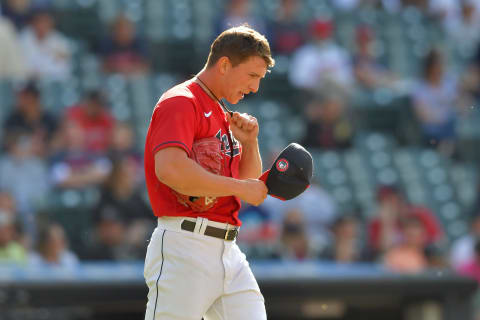 Relief pitcher James Karinchak #99 of the Cleveland Indians (Photo by Jason Miller/Getty Images)