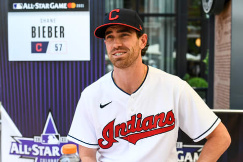 Shane Bieber #57 of the Cleveland Guardians (Photo by Dustin Bradford/Getty Images)