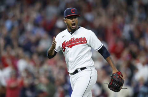 CLEVELAND, OH – JUNE 16: Emmanuel Clase #48 of the Cleveland Indians reacts after getting the last out against the Baltimore Orioles at Progressive Field on June 16, 2021 in Cleveland, Ohio. The Indians defeated the Orioles 8-7. (Photo by Ron Schwane/Getty Images)