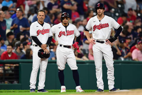 Bradley Zimmer #4 and Cesar Hernandez #7 of the Cleveland Indians (Photo by Emilee Chinn/Getty Images)