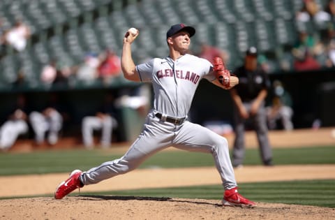 James Karinchak #99 of the Cleveland Indians (Photo by Michael Zagaris/Oakland Athletics/Getty Images)