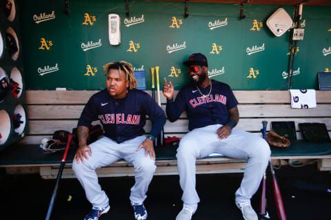 José Ramírez #11 and Franmil Reyes #32 of the Cleveland Indians (Photo by Michael Zagaris/Oakland Athletics/Getty Images)