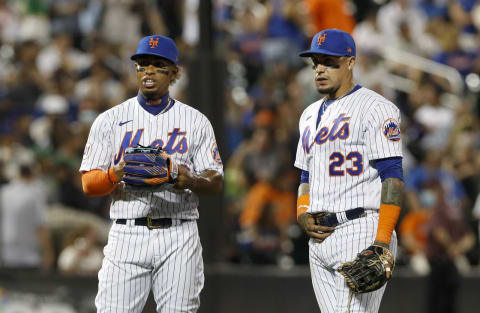 Former Cleveland Indians shortstop Francisco Lindor #12 and Javier Baez #23 of the New York Mets (Photo by Jim McIsaac/Getty Images)