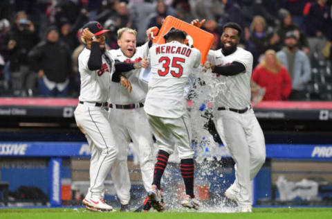 CLEVELAND, OHIO – SEPTEMBER 23: Oscar Mercado #35 of the Cleveland Indians celebrates with teammates after hitting a walk-off two run home run during the seventh inning of game two of a double header against the Chicago White Sox at Progressive Field on September 23, 2021 in Cleveland, Ohio. The Indians defeated the White Sox 5-3. (Photo by Jason Miller/Getty Images)