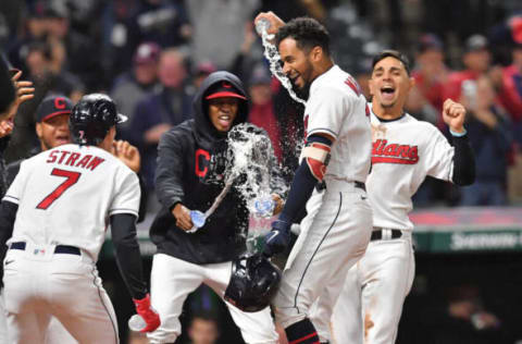 CLEVELAND, OHIO – SEPTEMBER 23: Oscar Mercado #35 of the Cleveland Indians celebrates with teammates after hitting a walk-off two run home run during the seventh inning of game two of a double header against the Chicago White Sox at Progressive Field on September 23, 2021 in Cleveland, Ohio. The Indians defeated the White Sox 5-3. (Photo by Jason Miller/Getty Images)