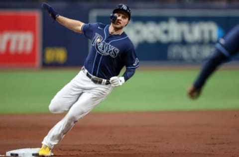 ST. PETERSBURG, FL – SEPTEMBER 24: Austin Meadows #17 of the Tampa Bay Rays rounds third base to score against the Miami Marlins in the first inning of a baseball game at Tropicana Field on September 24, 2021 in St. Petersburg, Florida. (Photo by Mike Carlson/Getty Images)