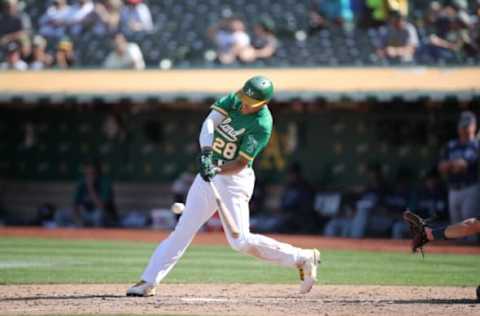 OAKLAND, CA – SEPTMEBER 23: Matt Olson #28 of the Oakland Athletics bats during the game against the Seattle Mariners at RingCentral Coliseum on September 23, 2021 in Oakland, California. The Mariners defeated the Athletics 6-5. (Photo by Michael Zagaris/Oakland Athletics/Getty Images)