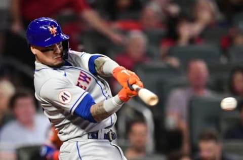 ATLANTA, GA – OCTOBER 01: Javier Baez #23 of the New York Mets at the plate at Truist Park on October 1, 2021 in Atlanta, Georgia. (Photo by Adam Hagy/Getty Images)