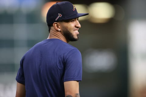 Eddie Rosario #8 of the Atlanta Braves participates in a workout prior to the start of the World Series (Photo by Carmen Mandato/Getty Images)