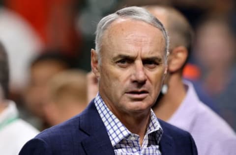 HOUSTON, TEXAS – OCTOBER 26: Major League Baseball Commissioner Rob Manfred looks on prior to Game One of the World Series between the Atlanta Braves and the Houston Astros at Minute Maid Park on October 26, 2021 in Houston, Texas. (Photo by Bob Levey/Getty Images)