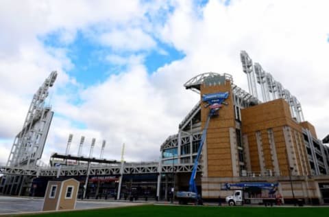 CLEVELAND, OHIO – NOVEMBER 19: Staff members put up Cleveland Guardians signage on the side of the stadium at Progressive Field on November 19, 2021 in Cleveland, Ohio. The Cleveland Indians officially changed their name to the Cleveland Guardians on Friday. (Photo by Emilee Chinn/Getty Images)