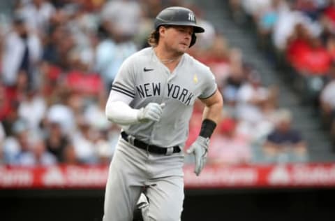 ANAHEIM, CA – SEPTEMBER 1: Luke Voit #59 of the New York Yankees runs during the game against the Los Angeles Angels at Angel Stadium on September 1, 2021 in Anaheim, California. The Yankees defeated the Angels 4-1. (Photo by Rob Leiter/MLB Photos via Getty Images)