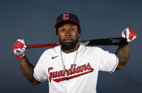 GOODYEAR, ARIZONA – MARCH 22: Daniel Johnson #23 of the Cleveland Guardians poses during Photo Day at Goodyear Ballpark on March 22, 2022 in Goodyear, Arizona. (Photo by Chris Coduto/Getty Images)